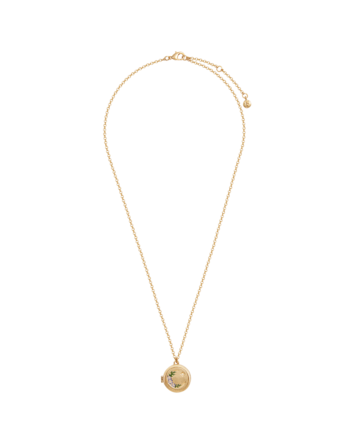 Gold necklace locket with floral moon design on a white background