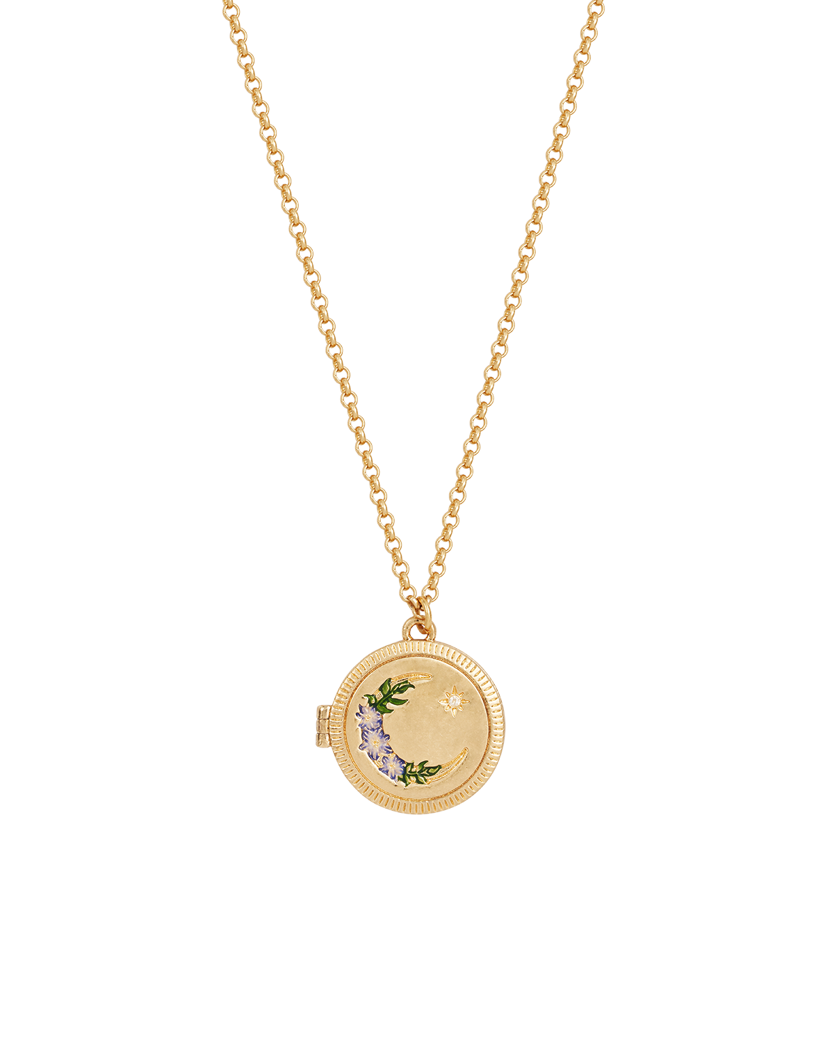 Gold necklace with a round pendant locket with floral moon design on a white background
