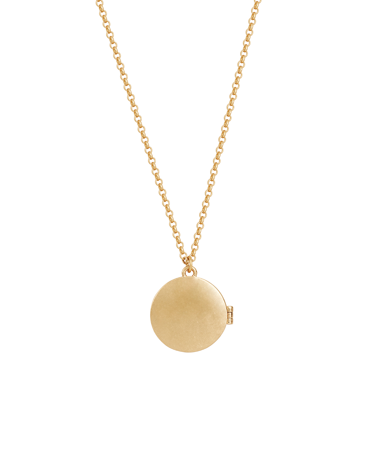Gold necklace with a round pendant locket on a white background
