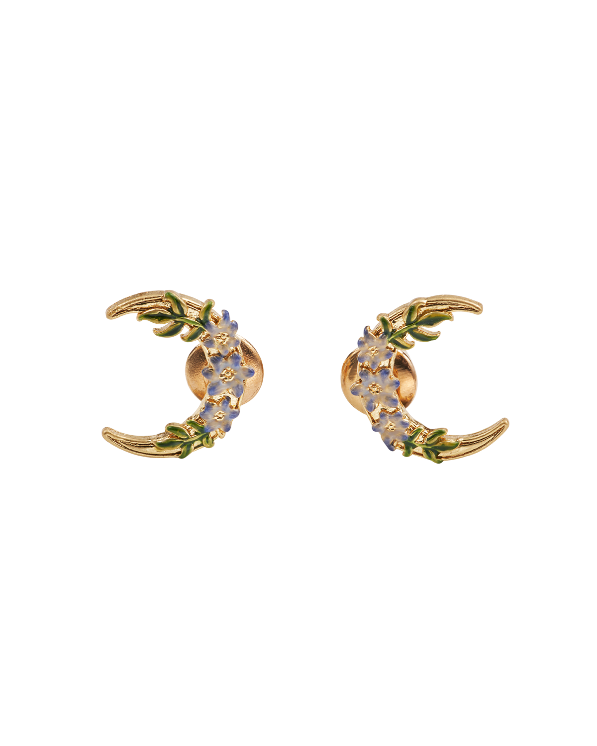 Gold crescent moon earrings with floral details on a white background