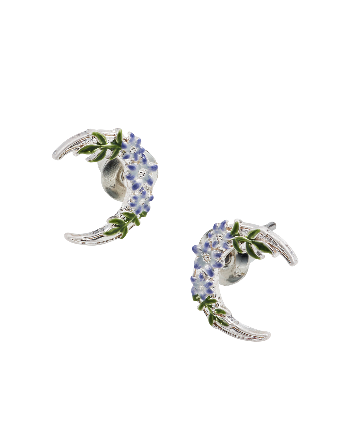 Pair of silver earrings with floral moon design on a white background