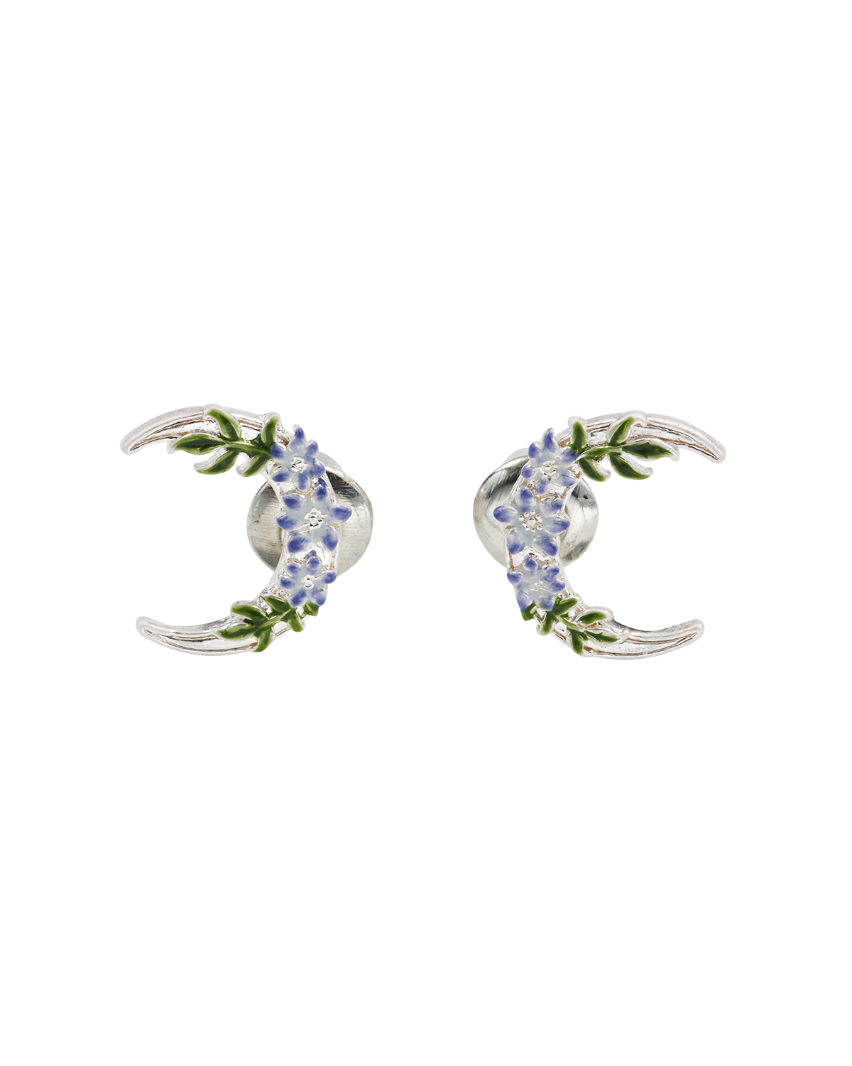 Pair of silver earrings with floral moon design on a white background