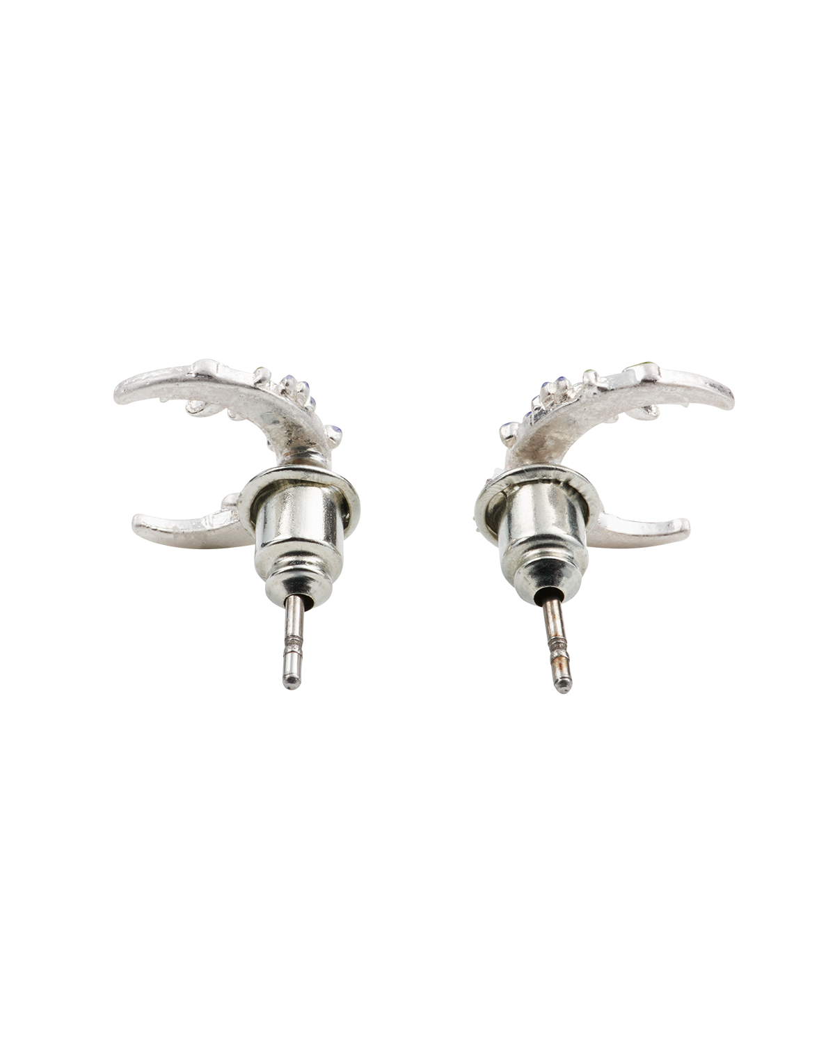 Pair of silver earring backs on a white background