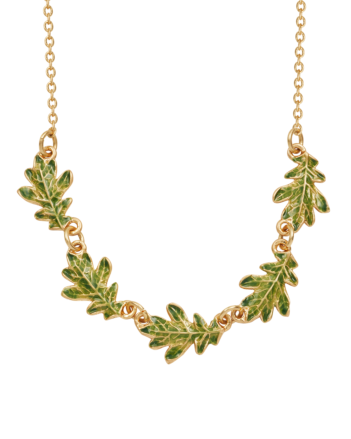 Gold necklace with green leaf-like pendants on a white background