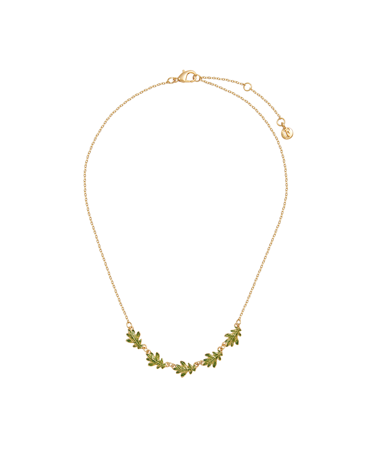 Gold necklace with green leaf-like pendants on a white background