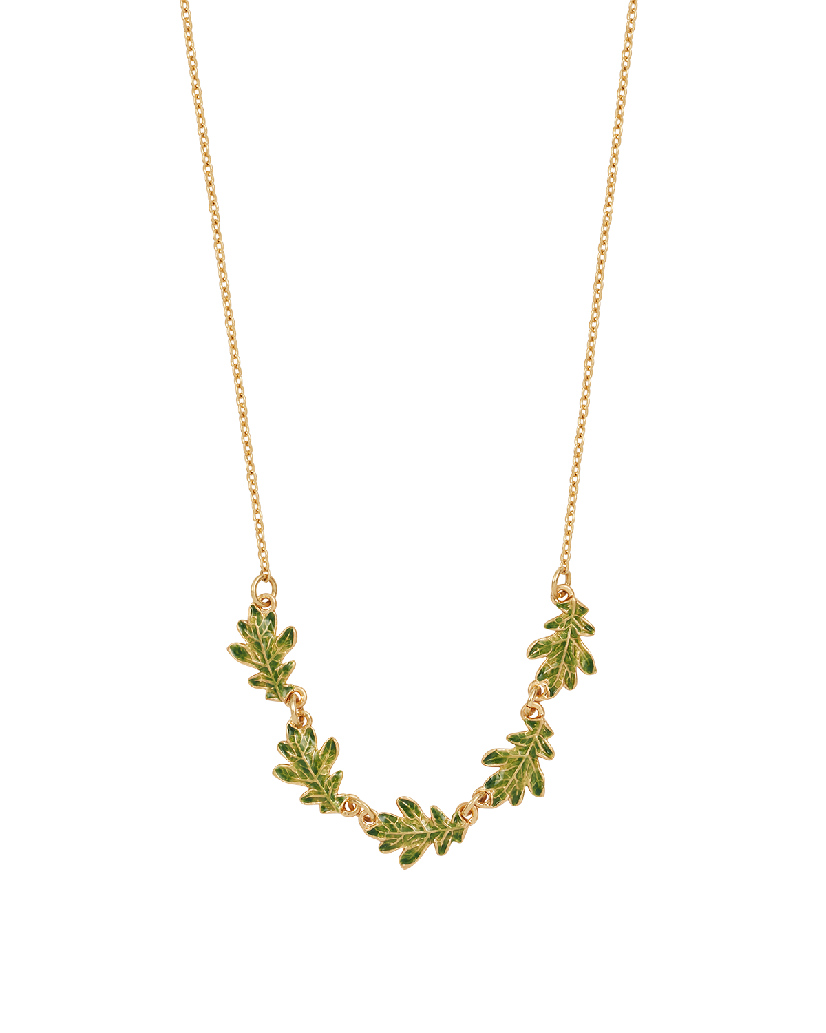 Gold necklace with green leaf-like pendants on a white background