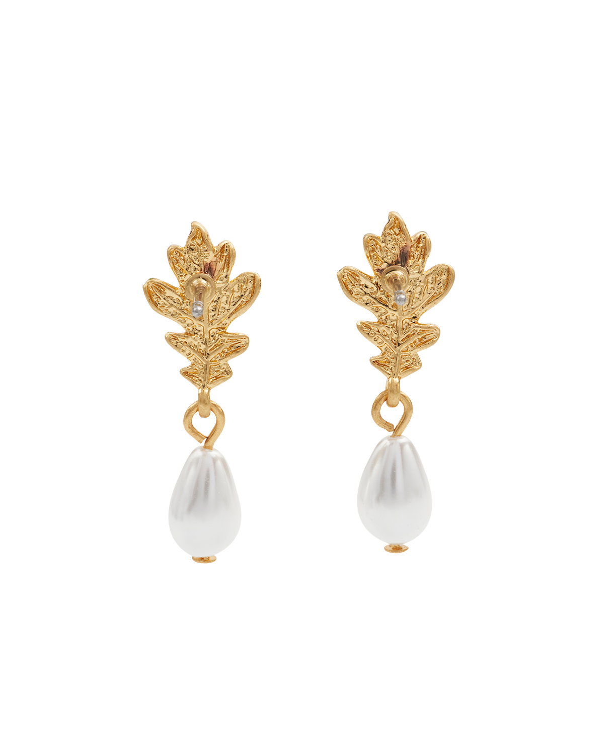 Gold Oak Leaf Pearl Drop Earrings