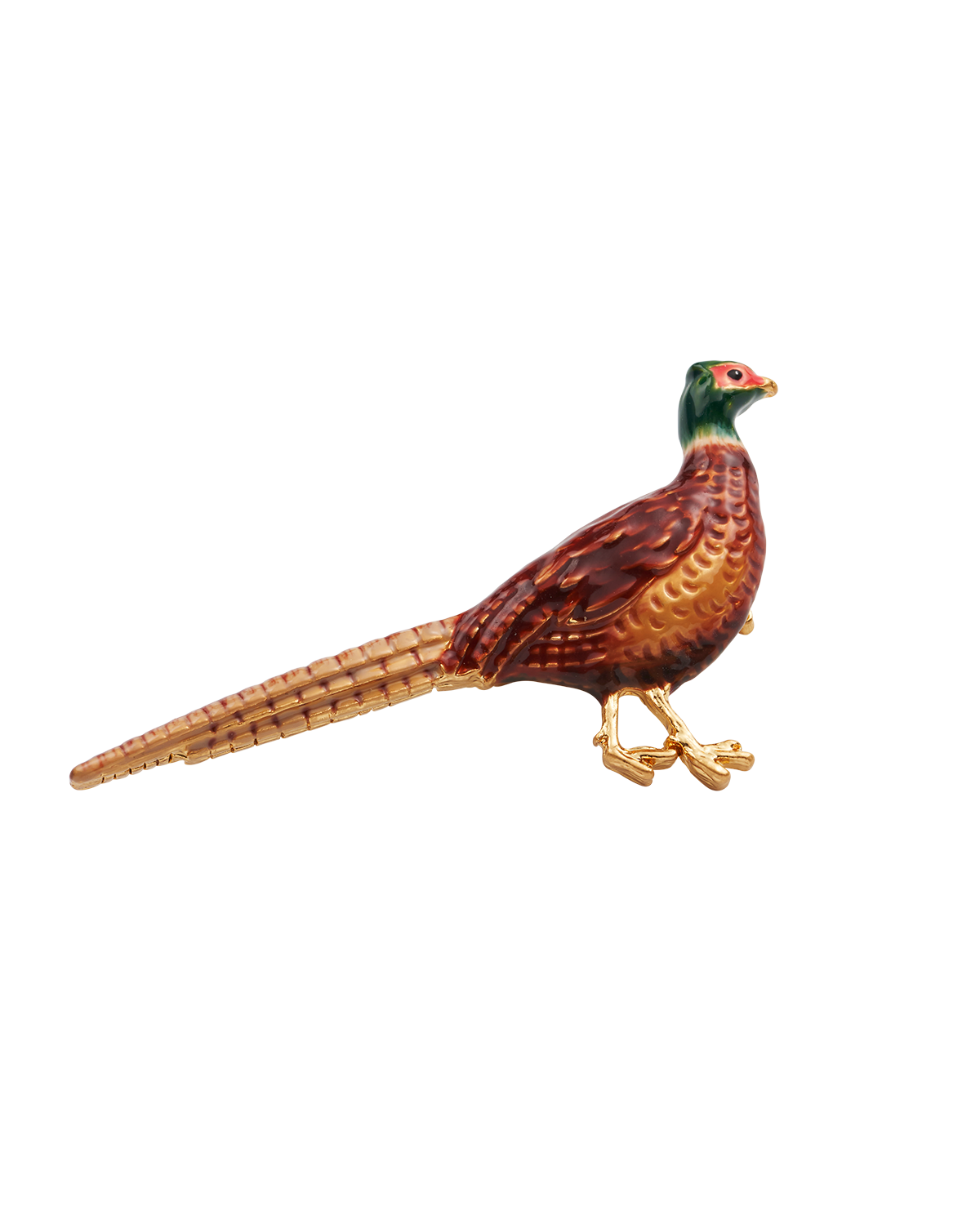 Colorful pheasant enamel brooch on a white background