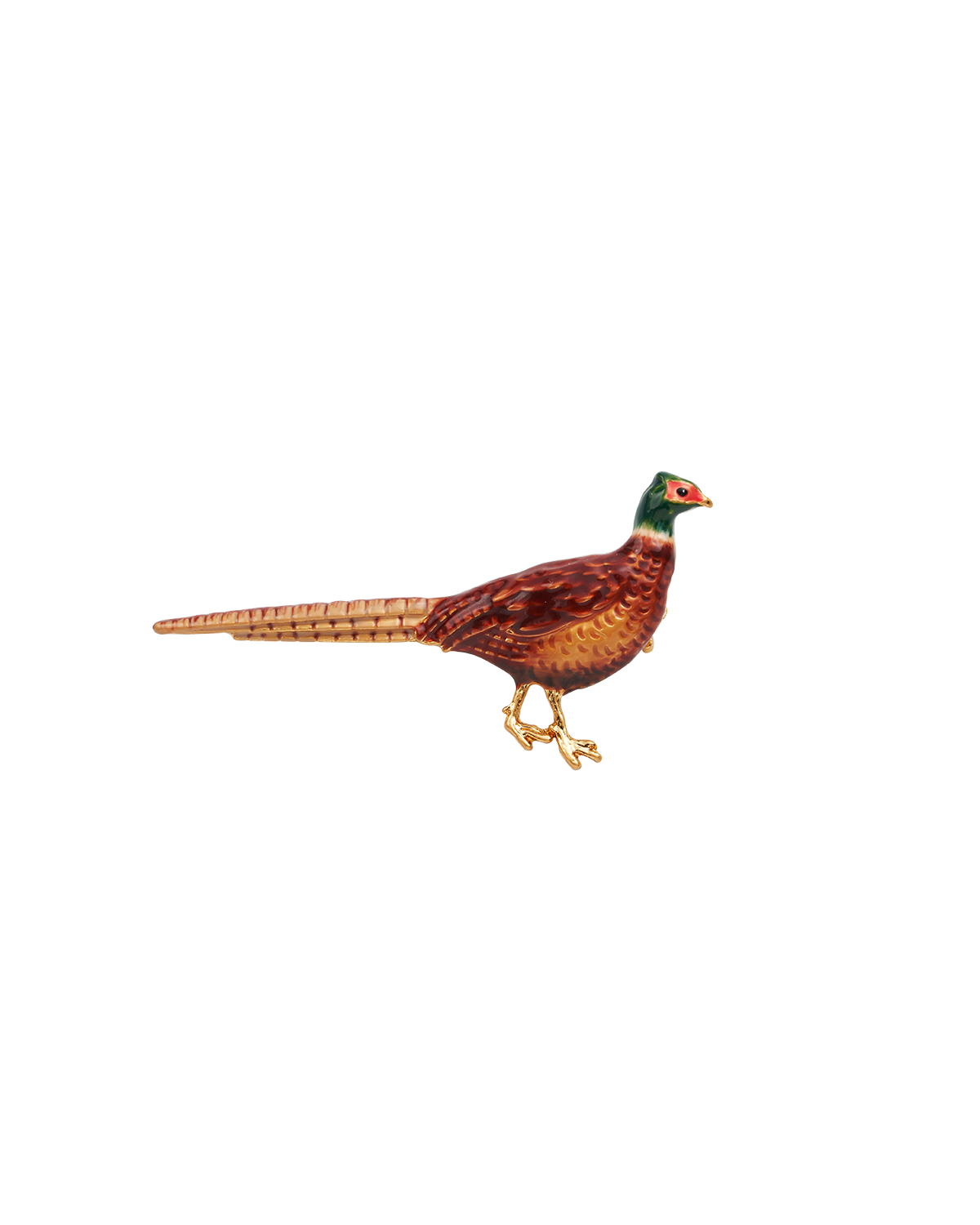 Colorful pheasant enamel brooch on a white background