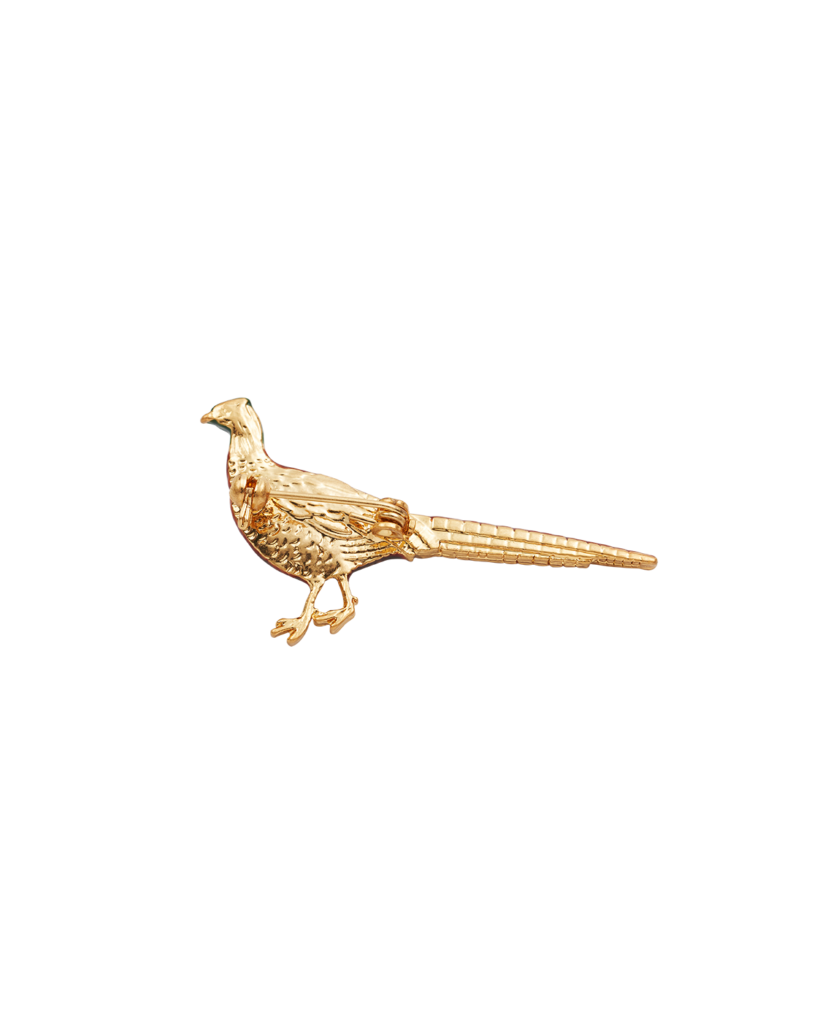 Gold pheasant enamel brooch back on a white background