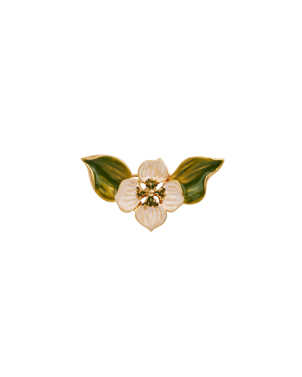 Floral brooch with green leaves and gold accents on a white background