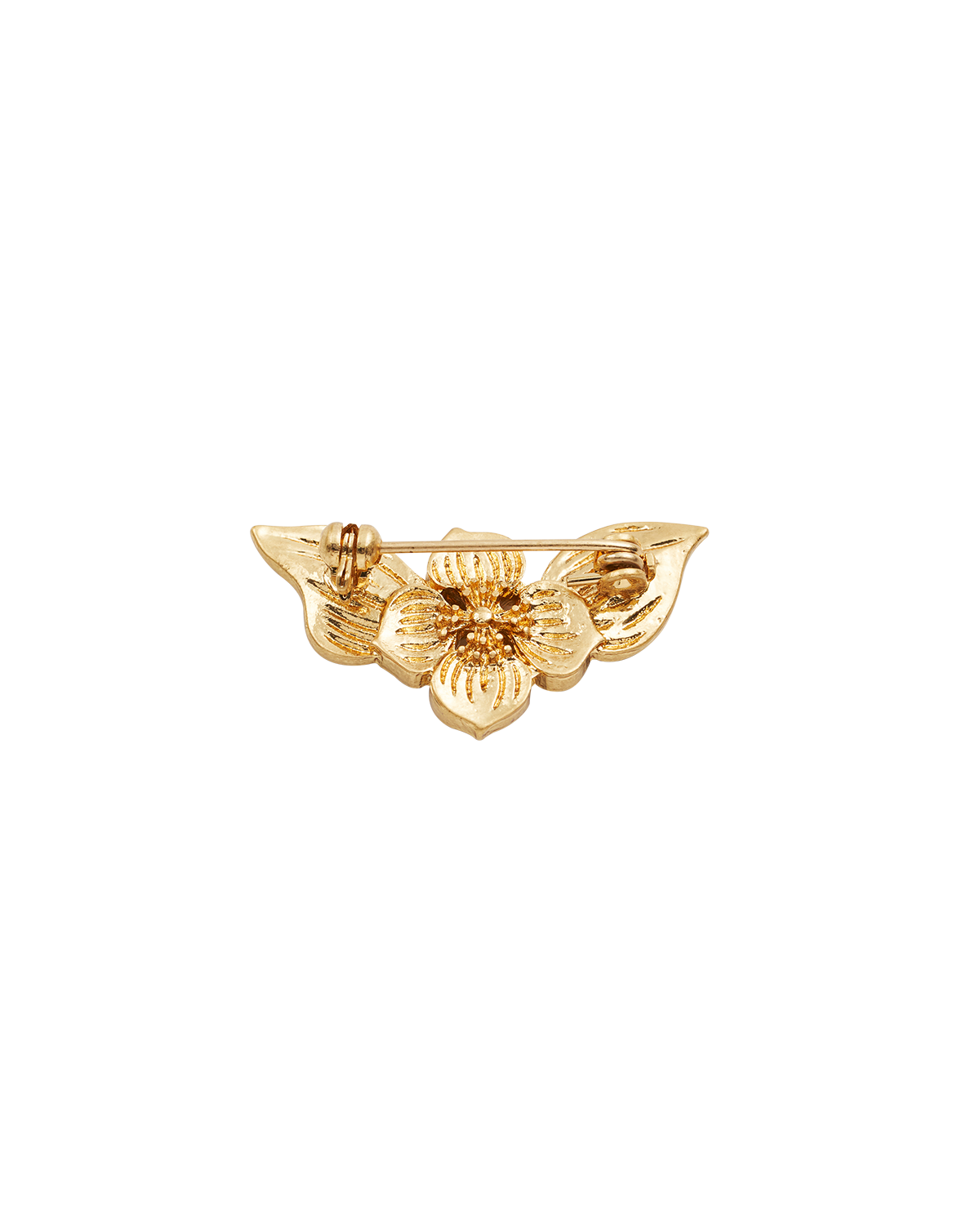 Back of gold floral brooch on a white background