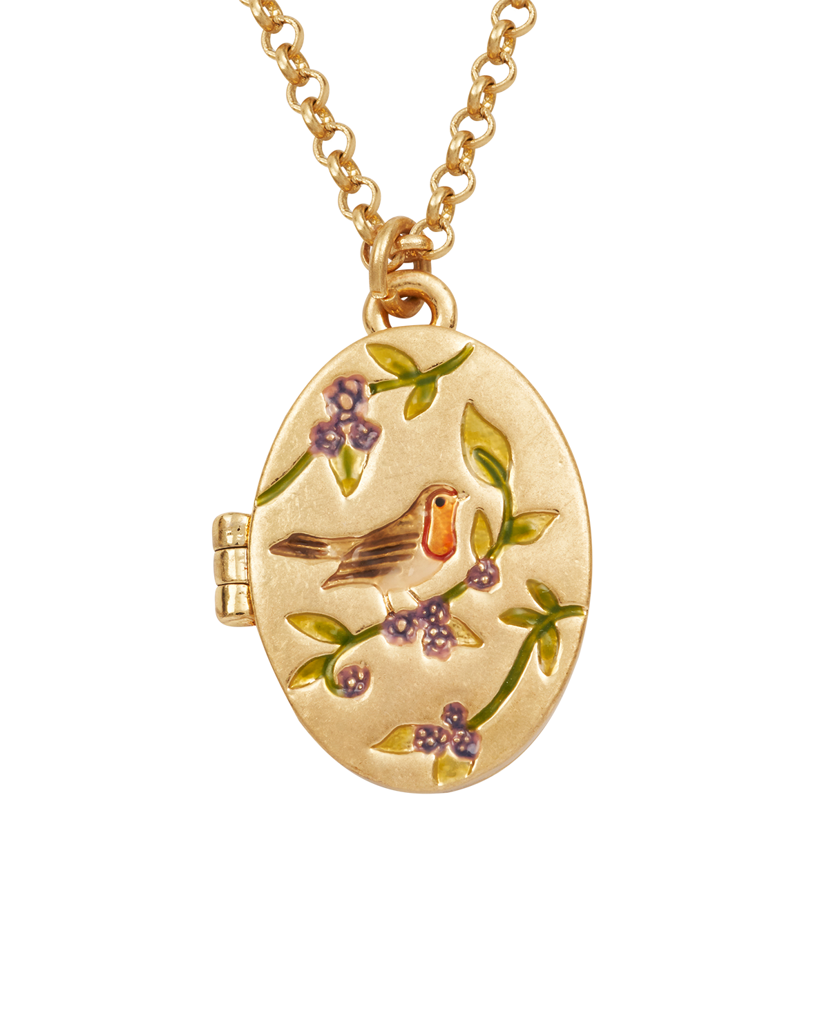 Gold locket with robin bird and floral design on a white background