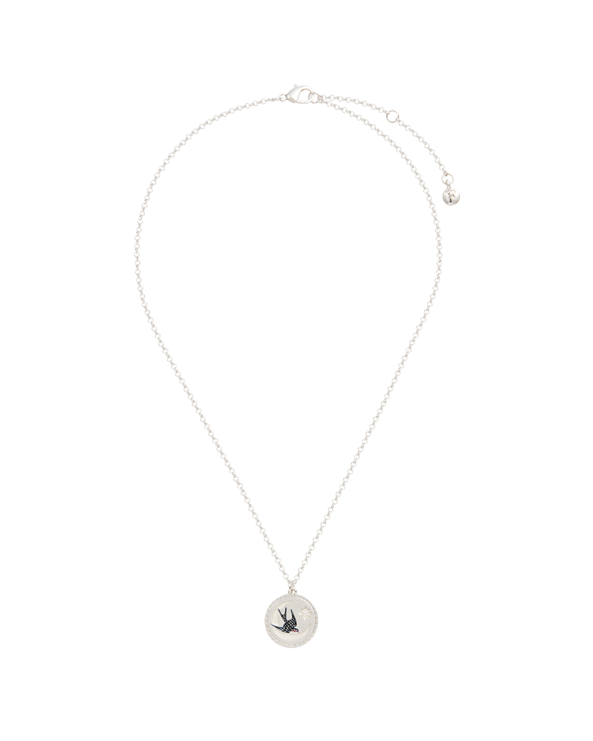 Silver necklace with a round pendant on a white background