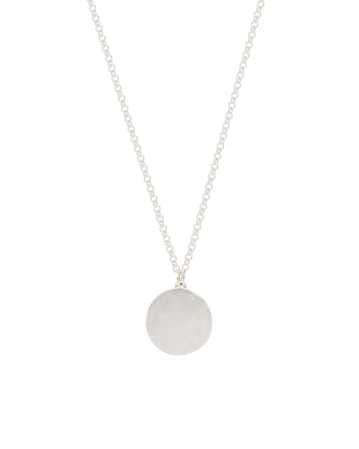 Silver necklace with a round pendant on a white background