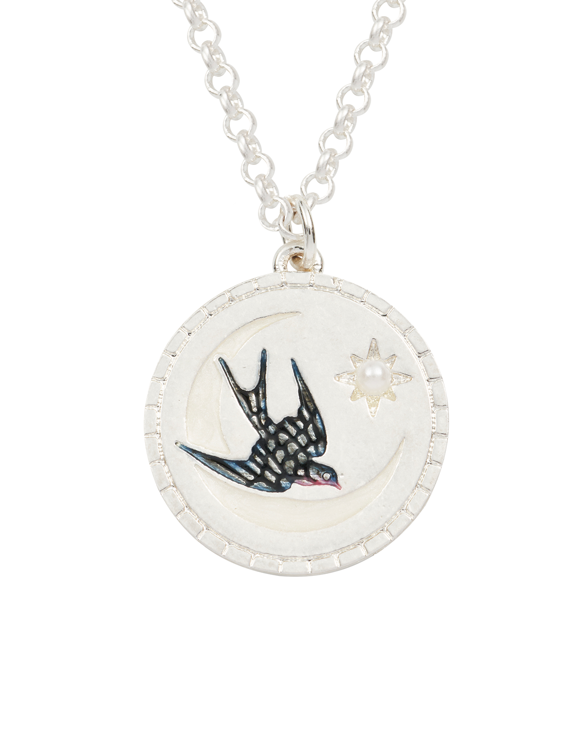 Necklace with a silver pendant featuring a swallow design on a white background