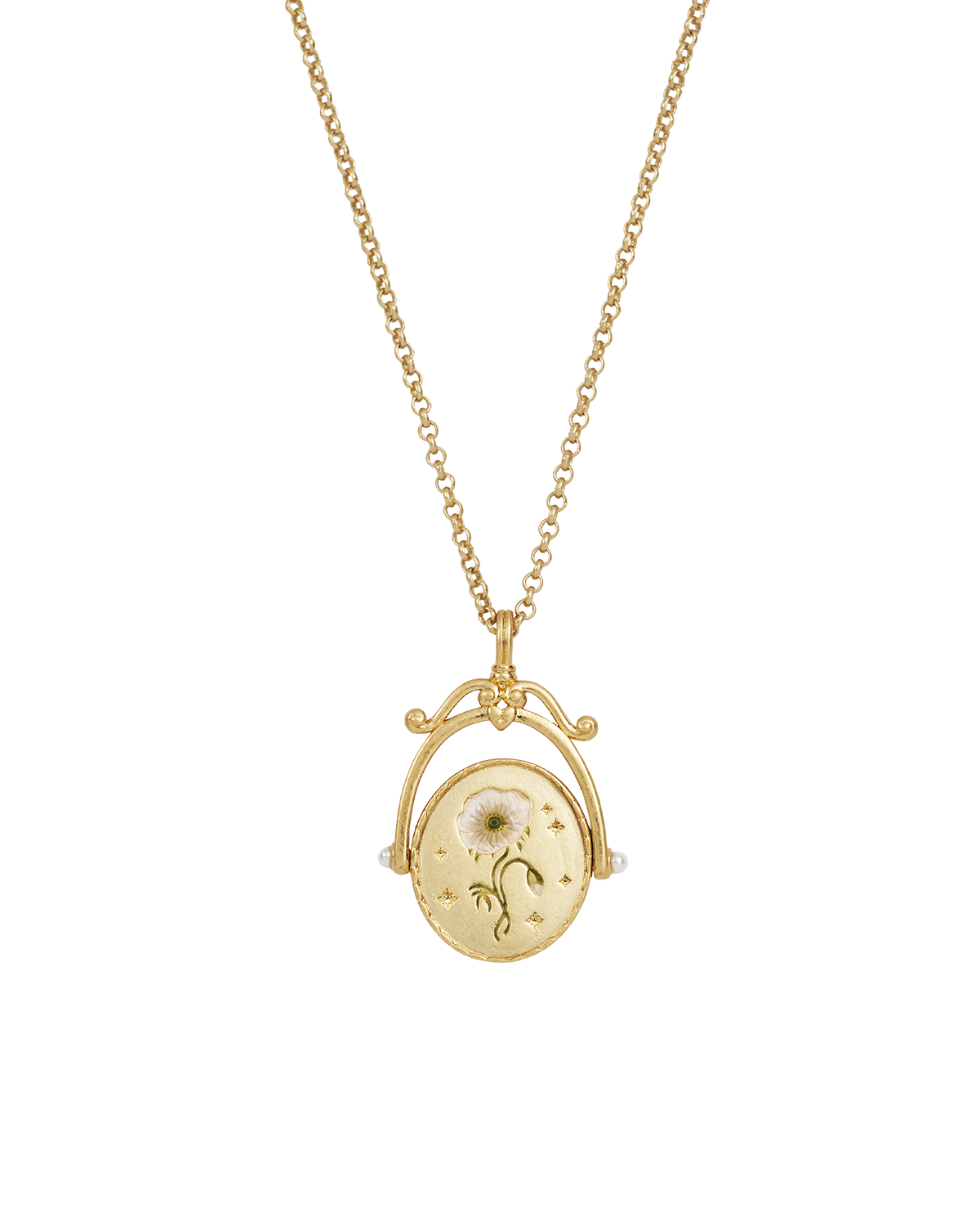Gold necklace with an oval pendant on a white background