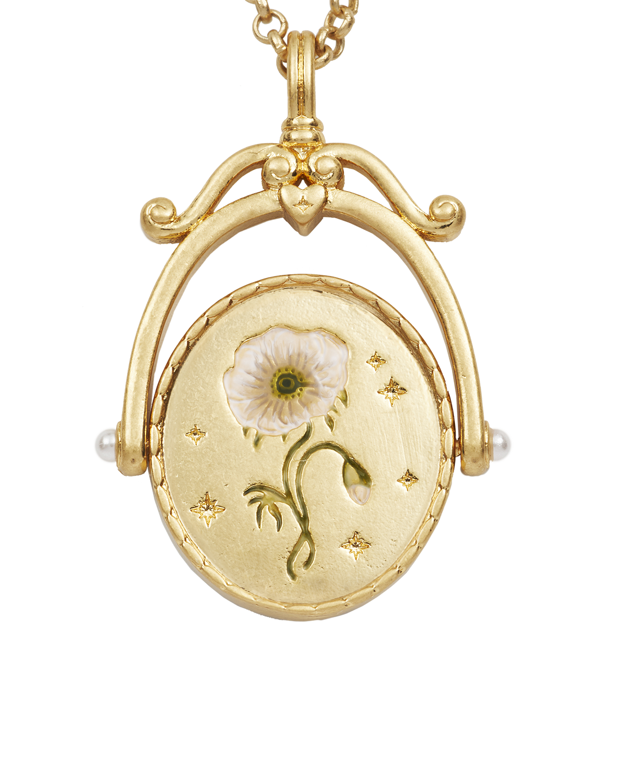 Gold necklace with a floral pendant on a white background