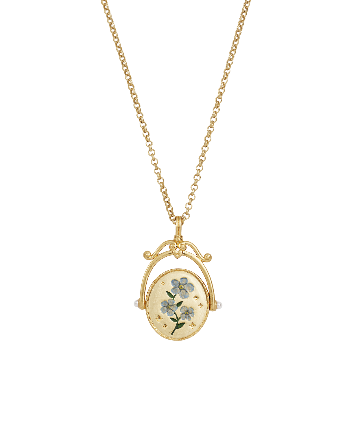 F Initial Forget-Me-Not Gold Spinner Necklace
