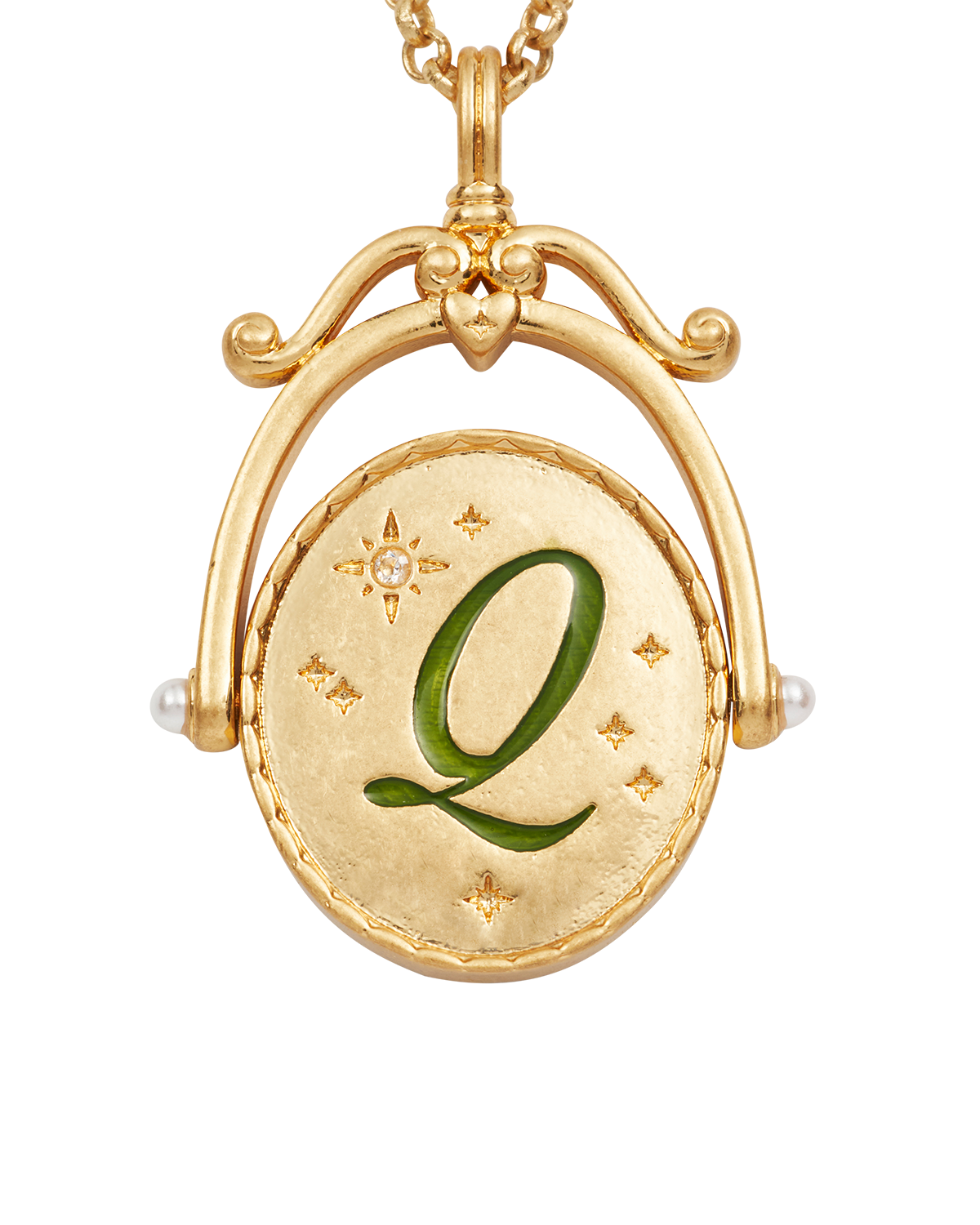 Q Initial Queen Annes Lace Gold Spinner Necklace