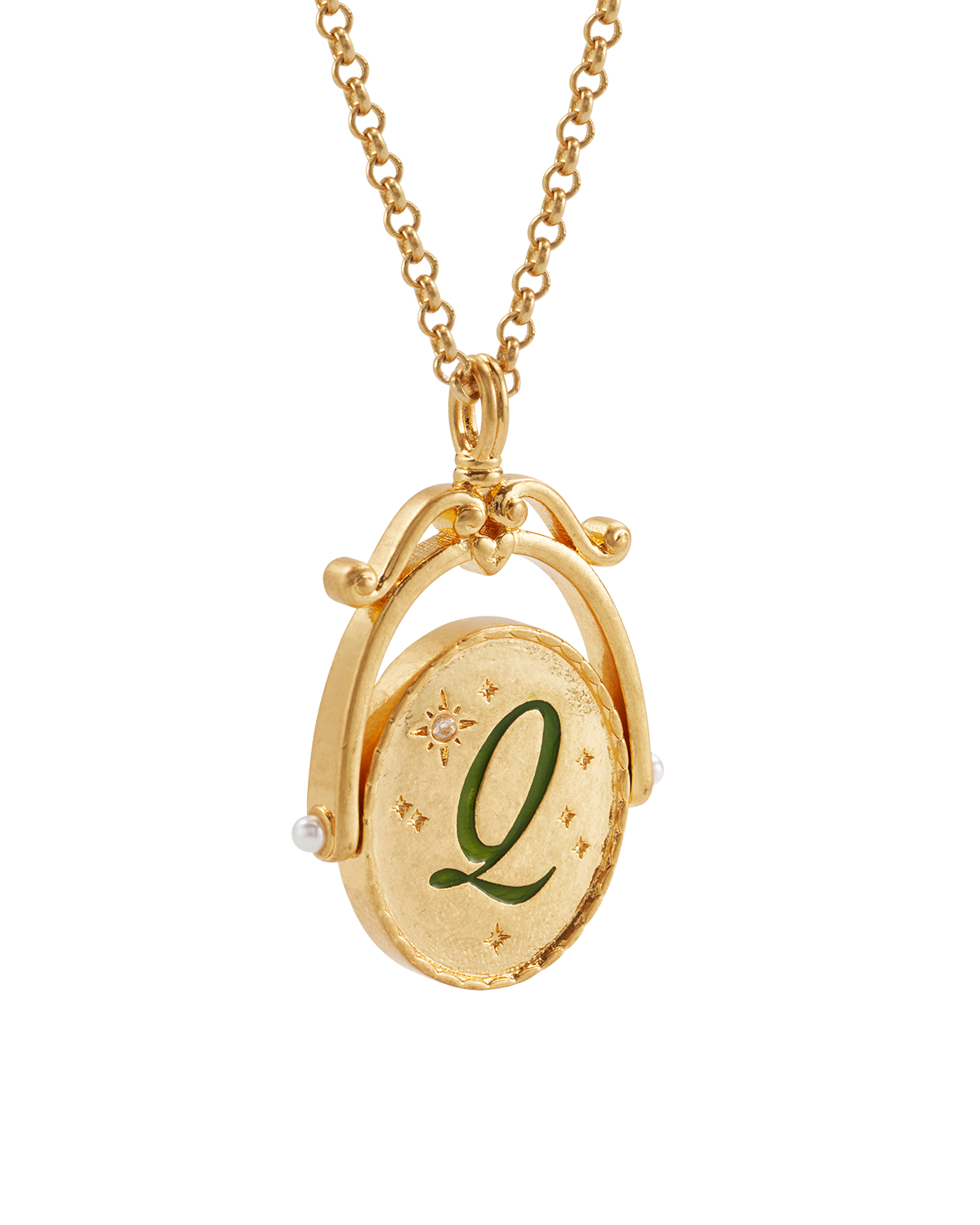 Q Initial Queen Annes Lace Gold Spinner Necklace