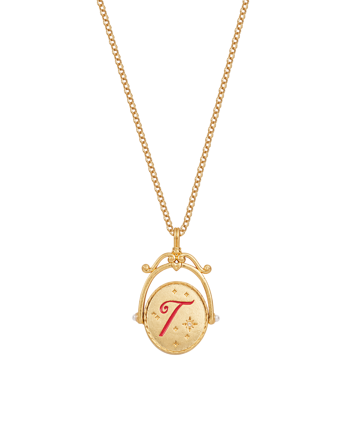 Collana con iniziale T in argento placcato oro, circondata da gemme... | Collana con lettera T Collana con iniziale T in argento placcato oro, circondata da gemme... | Collana con lettera T