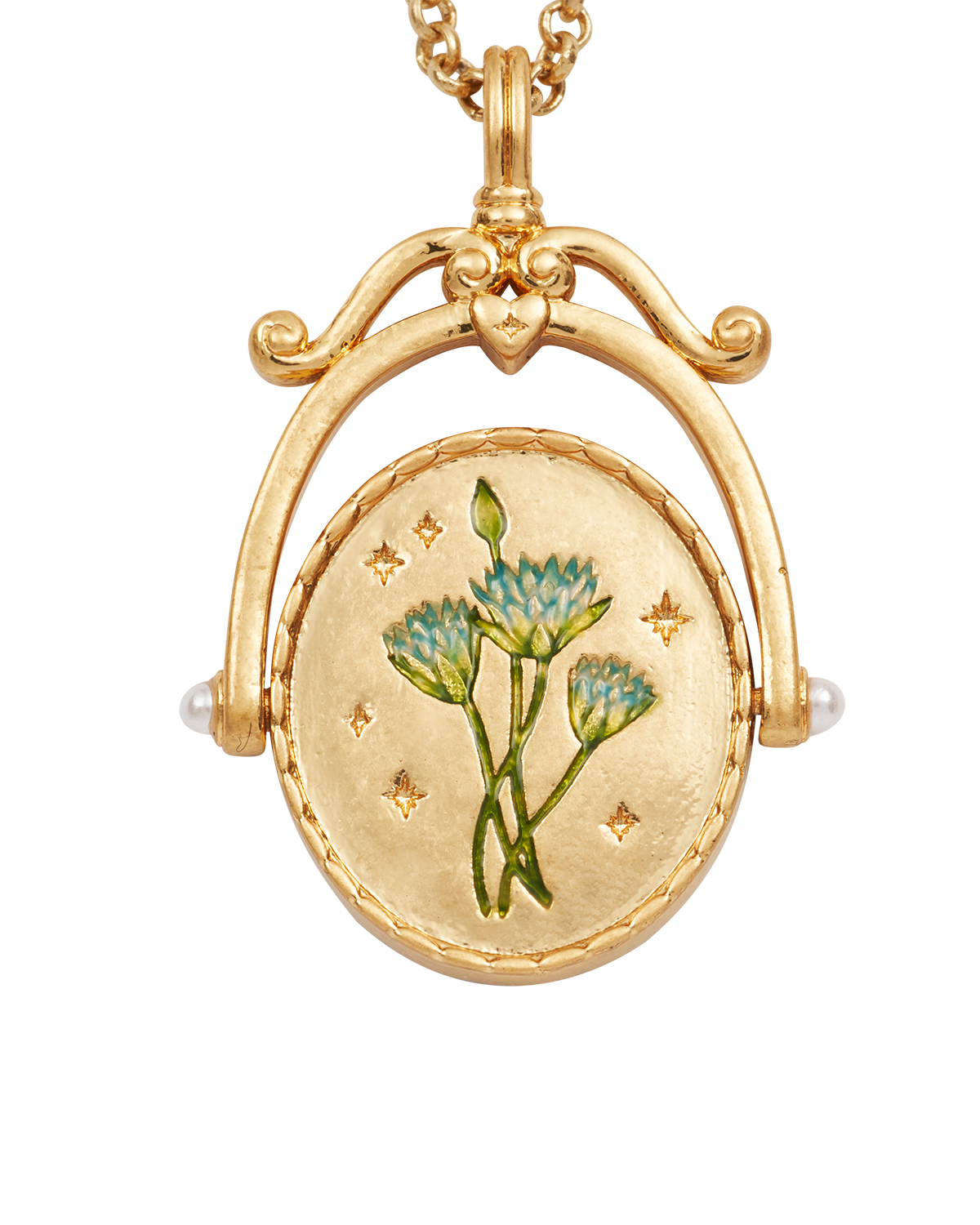 Gold spinner pendant with floral design on a white background