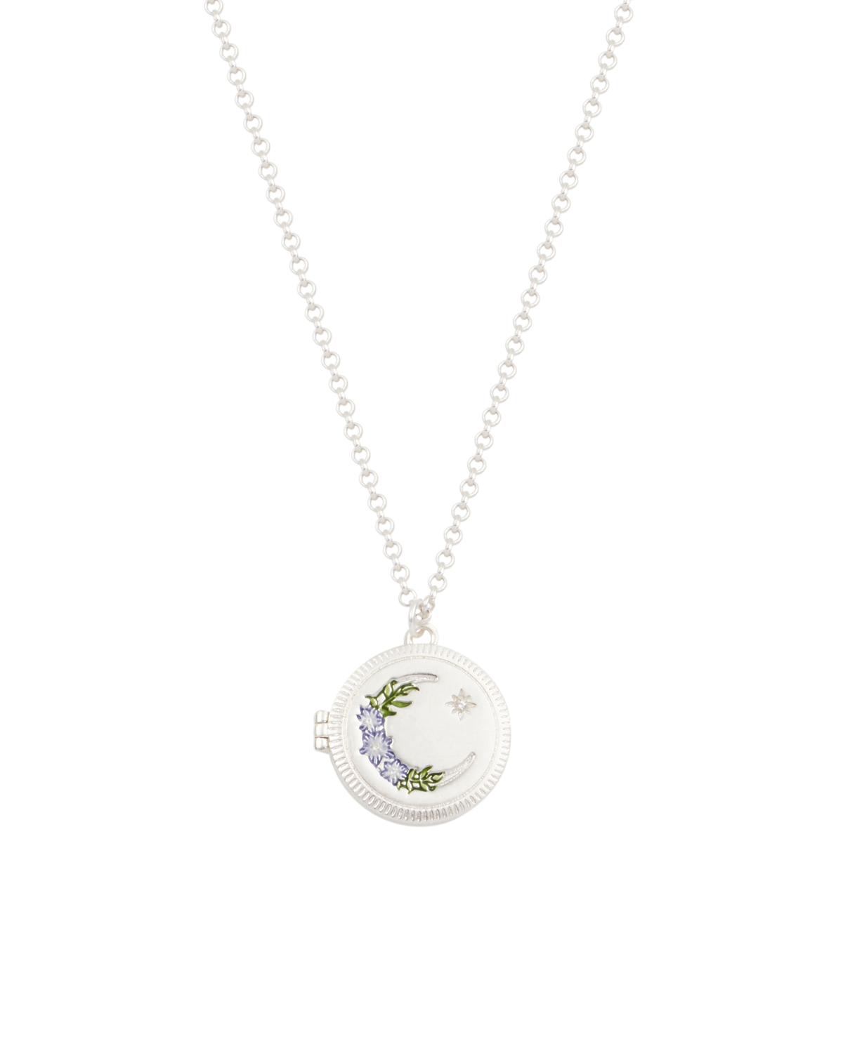 Silver locket necklace with floral moon design on a white background