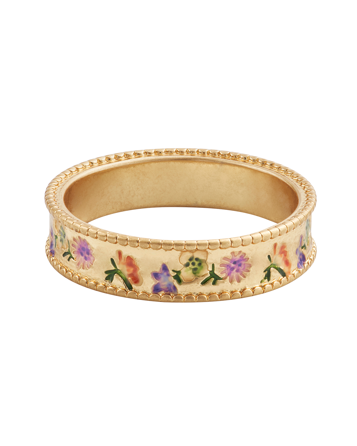Gold ring with floral designs on a white background