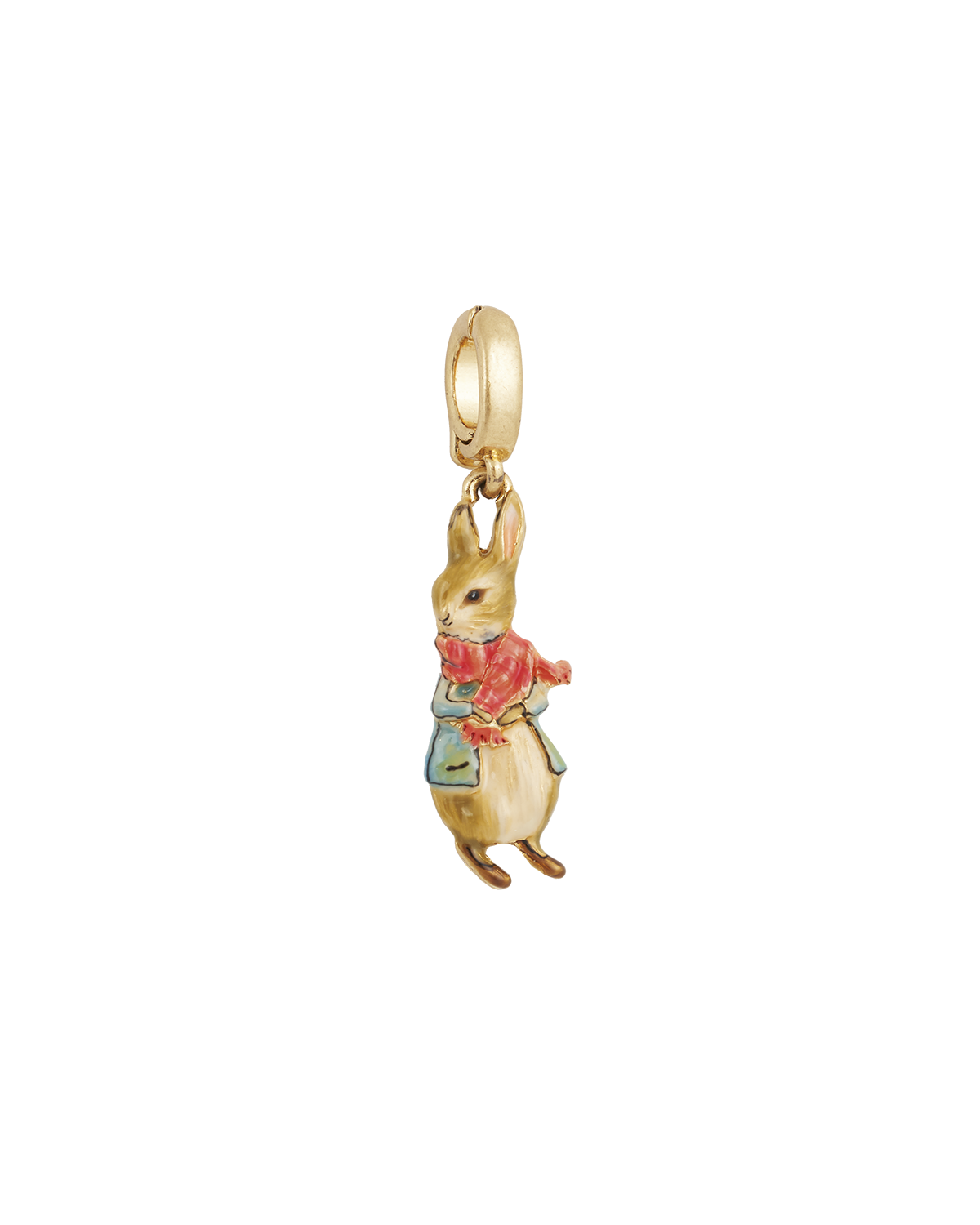 Gold charm of a peter rabbit with a red scarf on a white background