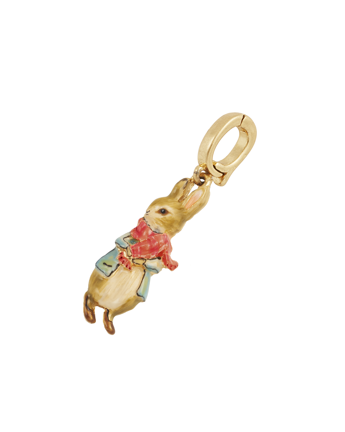 Gold charm of a peter rabbit in a red scarf on a white background