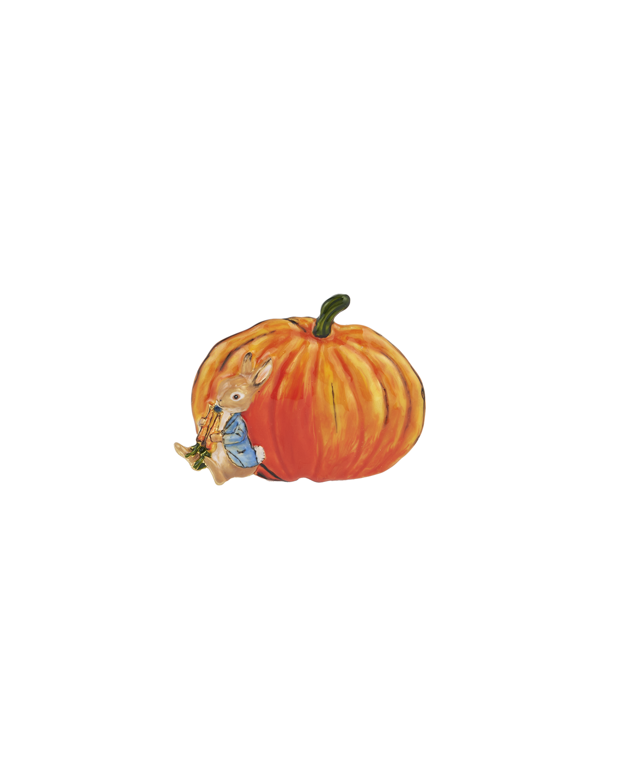 Enamel Peter Rabbit eating a carrot by large pumpkin on a white background