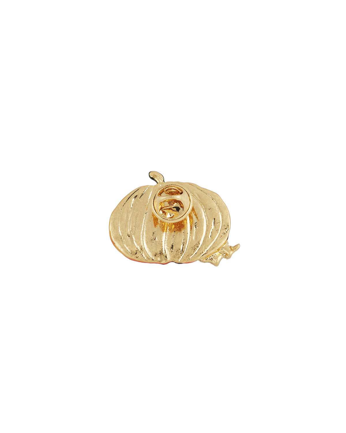 back of gold pumpkin-shaped lapel pin on a white background