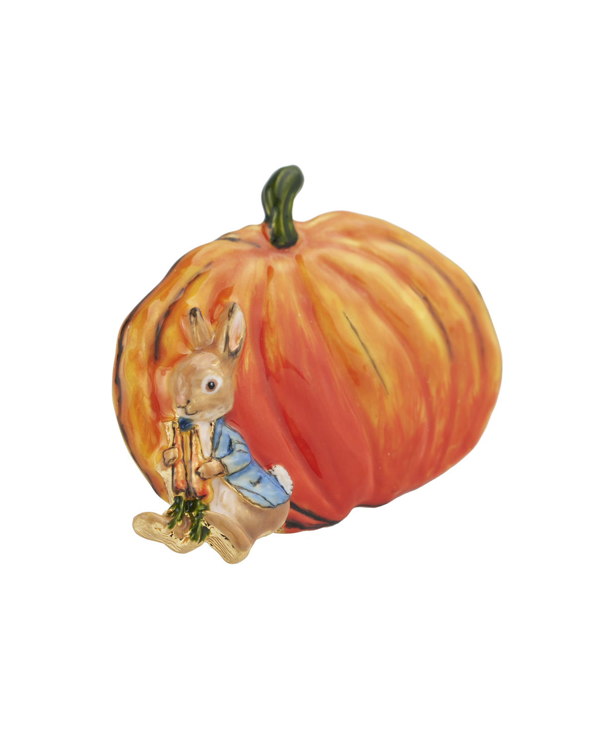 Enamel pumpkin brooch with peter rabbit  holding a carrot on a white background