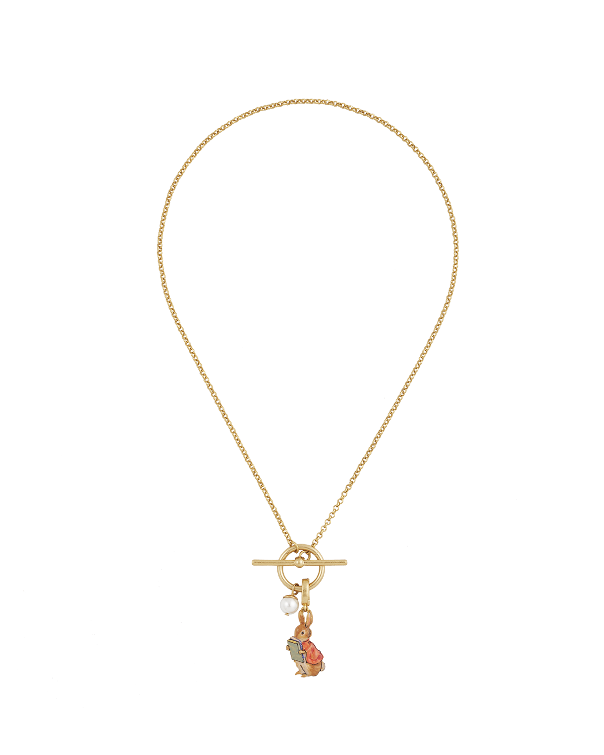 Gold necklace with cotton tail charm on a white background