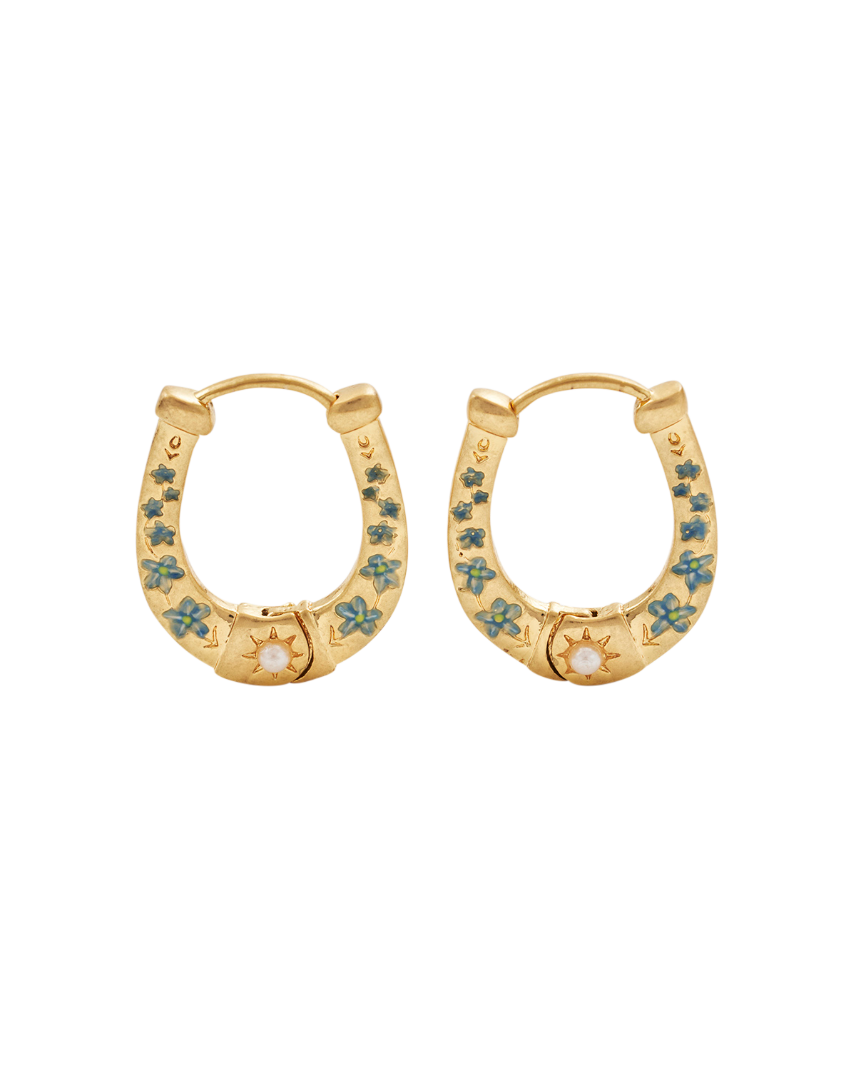 Gold Horseshoe hoop earrings with enamel flowers on a white background
