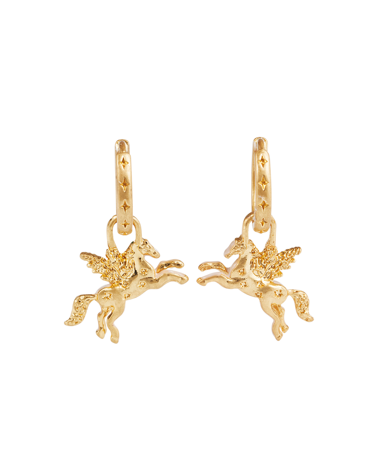 Gold pegasus earrings on a white background