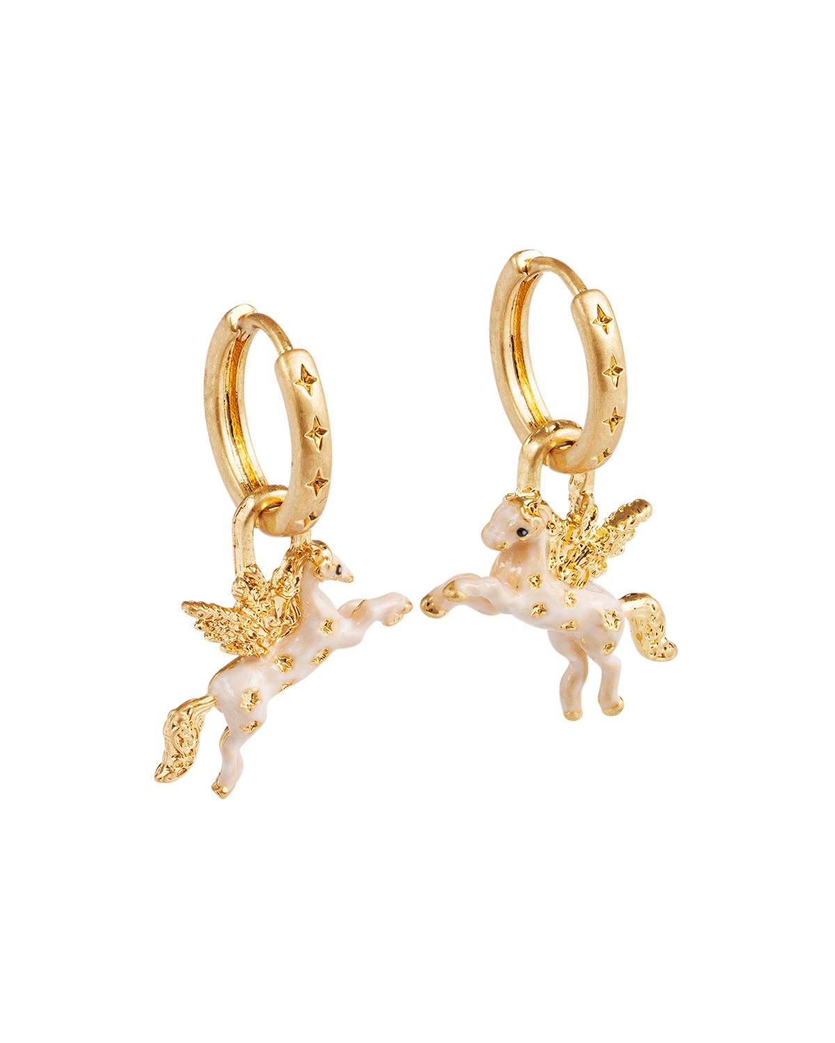 Gold hoop earrings with Pegasus charms on a white background
