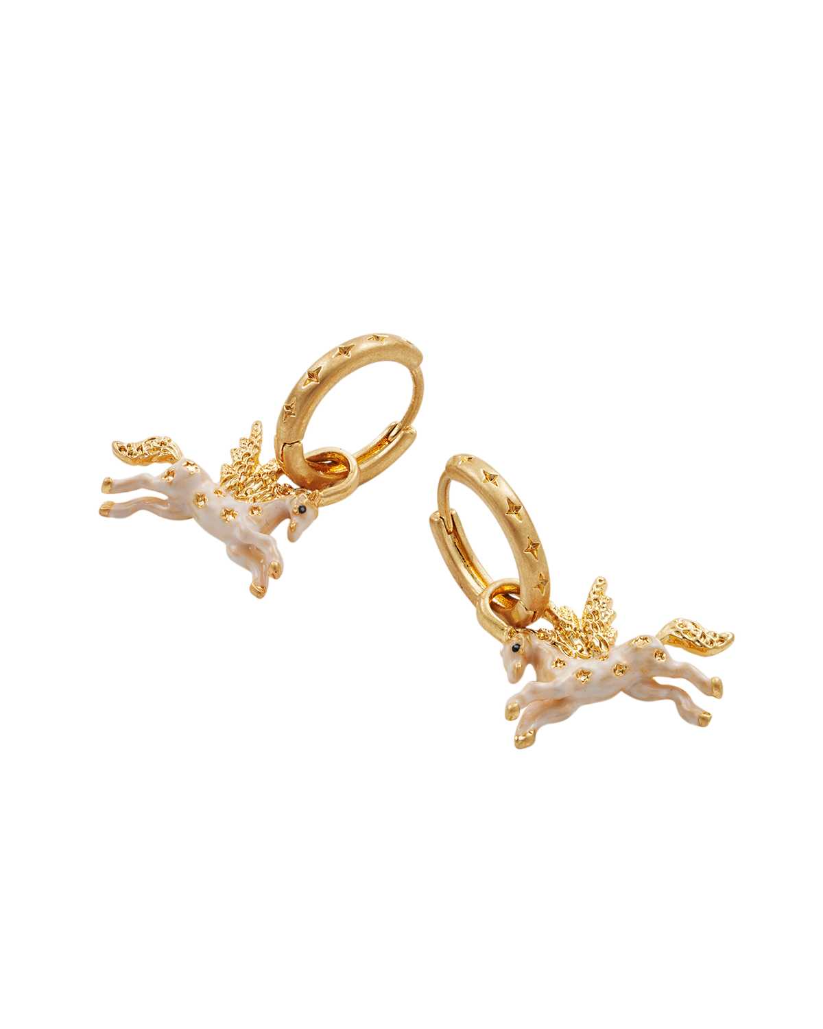 Gold hoop earrings with Pegasus charms on a white background
