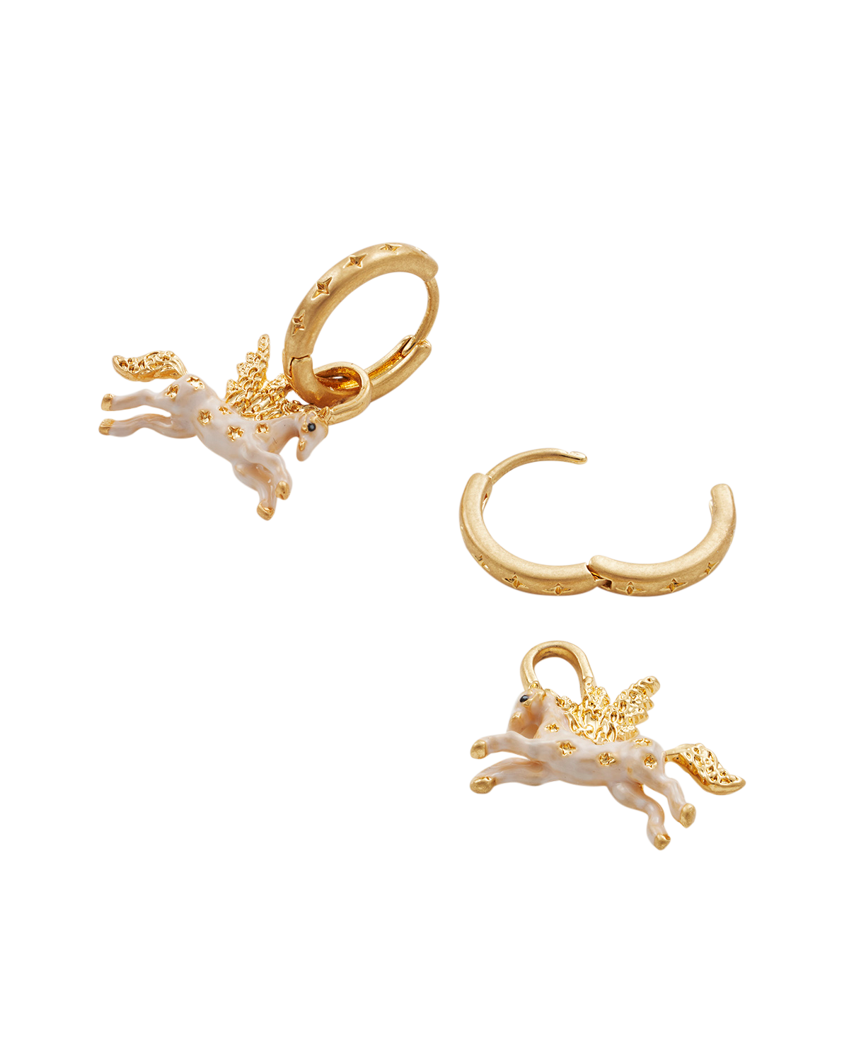 Pair of gold and white Pegasus hoop earrings on a white background