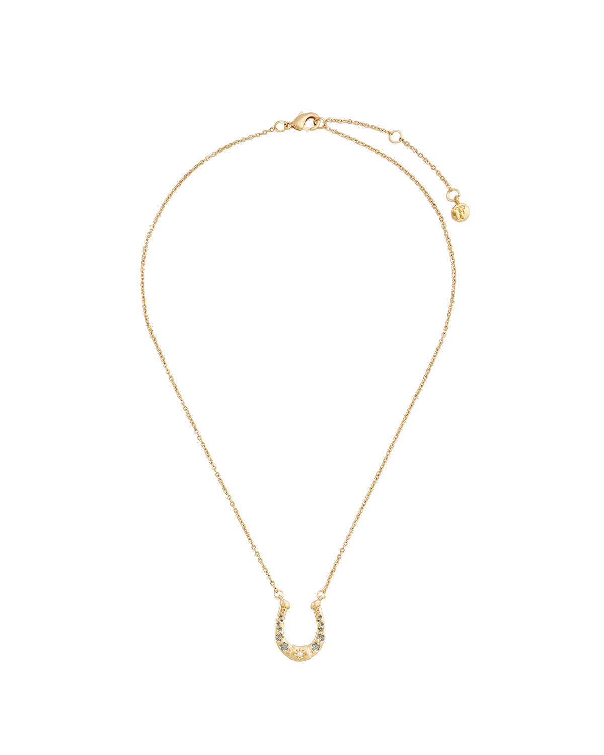 Gold necklace with a horseshoe pendant on a white background