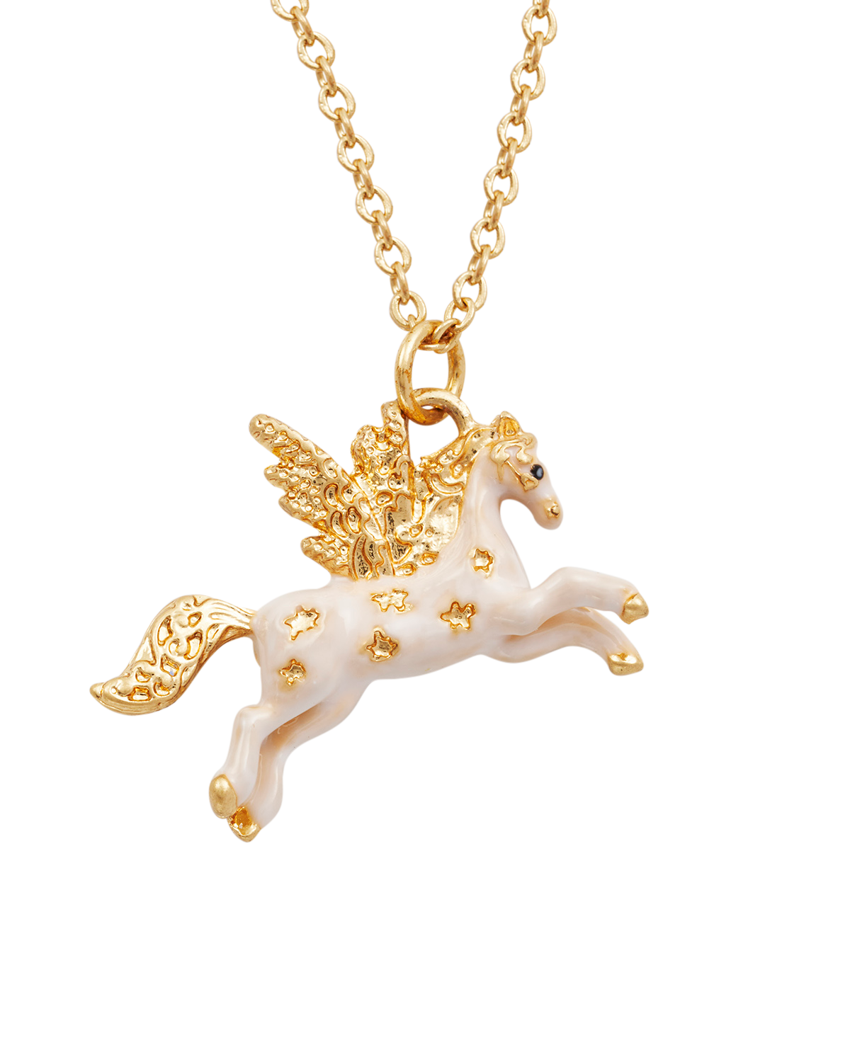Gold and white Pegasus pendant necklace on a white background