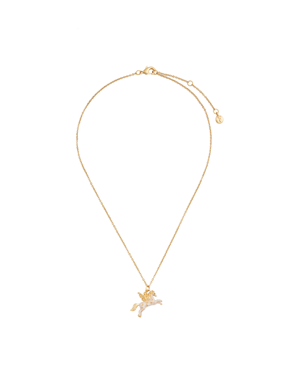Gold necklace with a Pegasus pendant on a white background