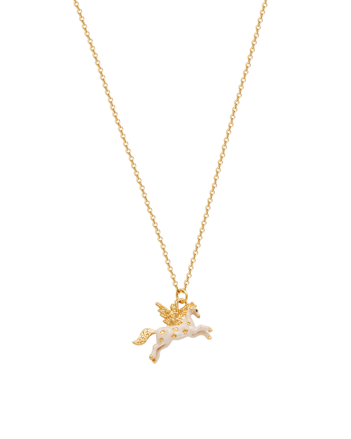 Gold necklace with a white and gold pendant on a white background
