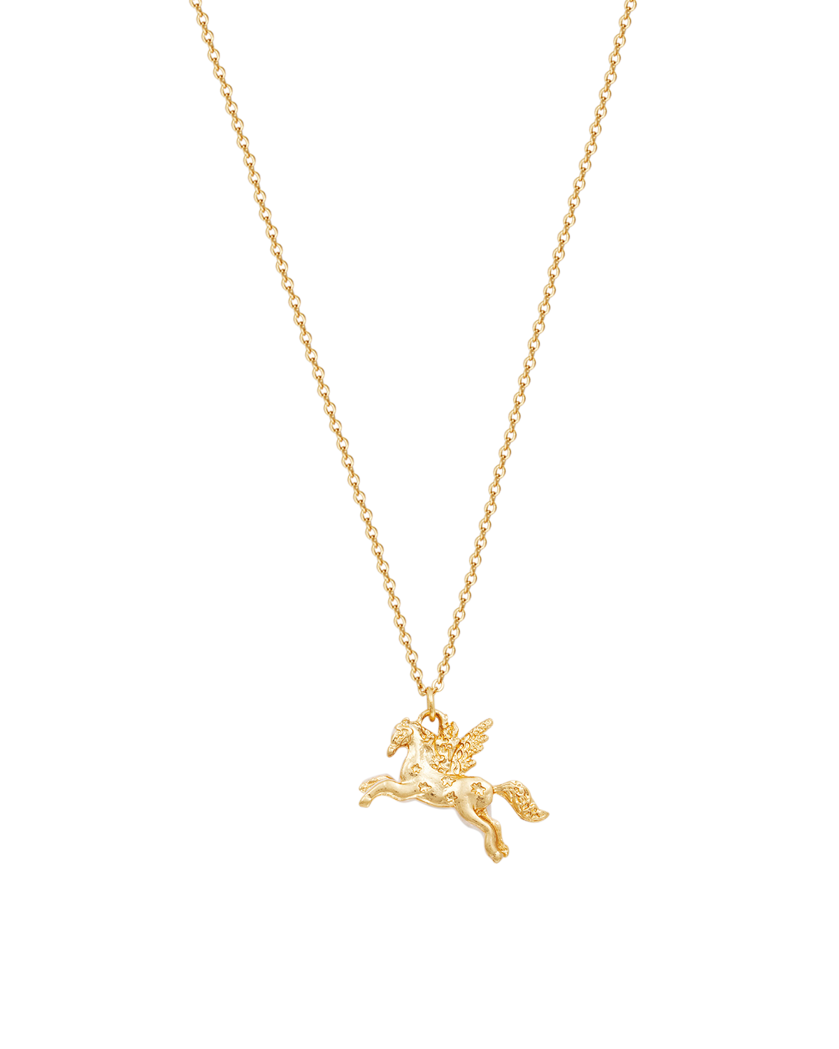 Gold Pegasus pendant necklace on a white background