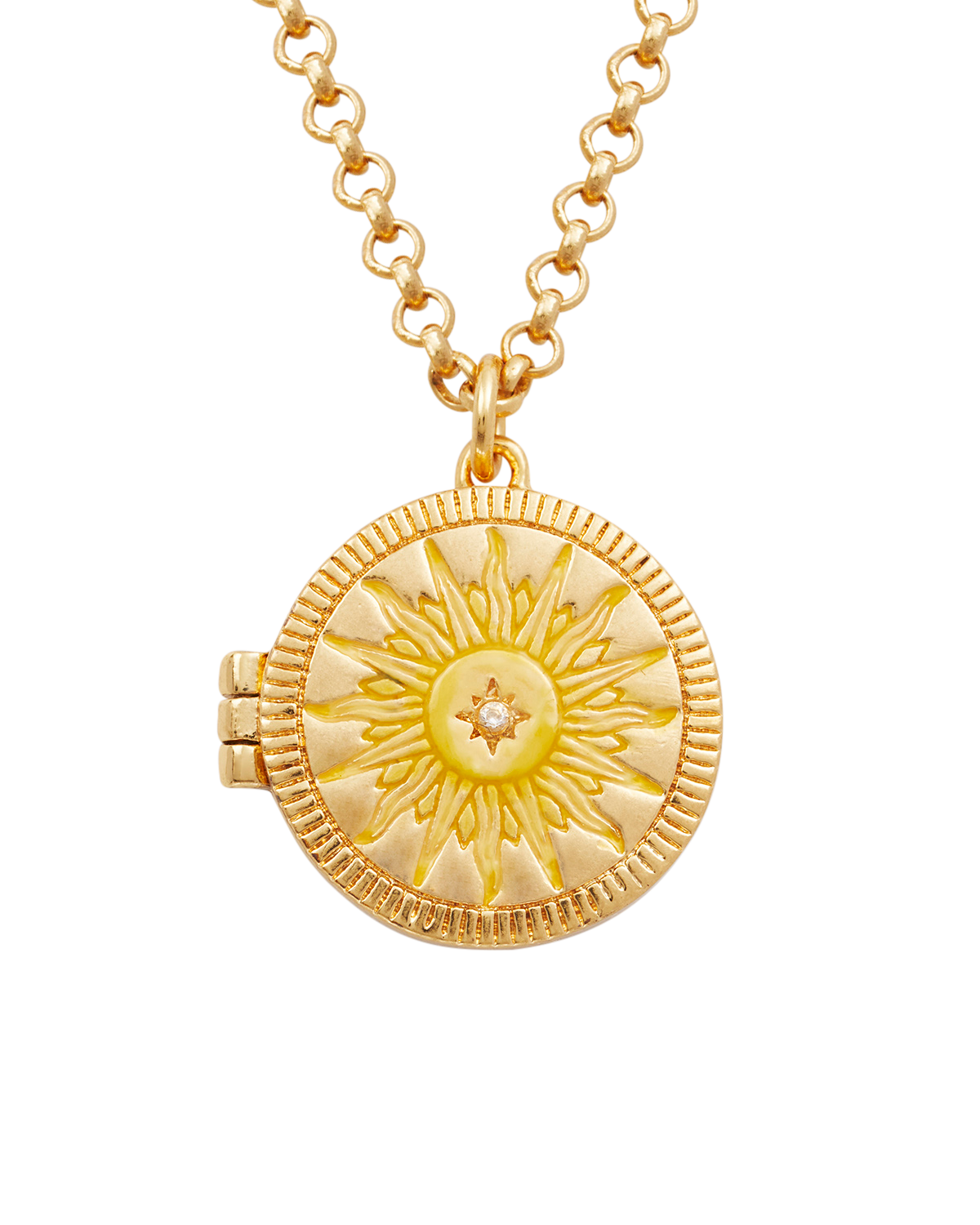 Gold necklace with a sun-shaped locket pendant on a white background