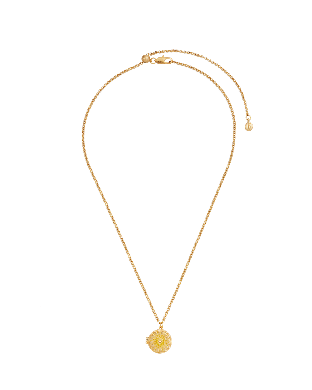 Gold Sun Locket Necklace showcasing a radiant sunburst design with yellow enamel rays on a gold-toned chain.
