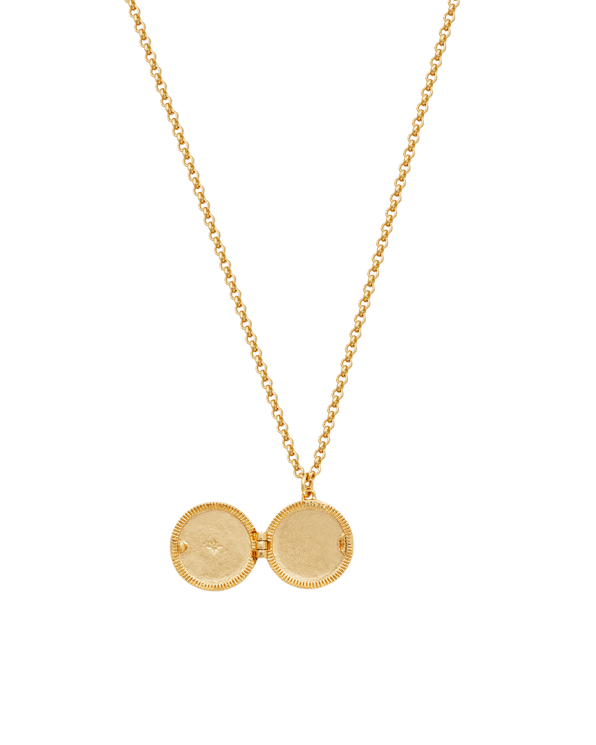 Gold Sun Locket Necklace featuring two circular gold-toned lockets on a chain, perfect for keeping memories close.