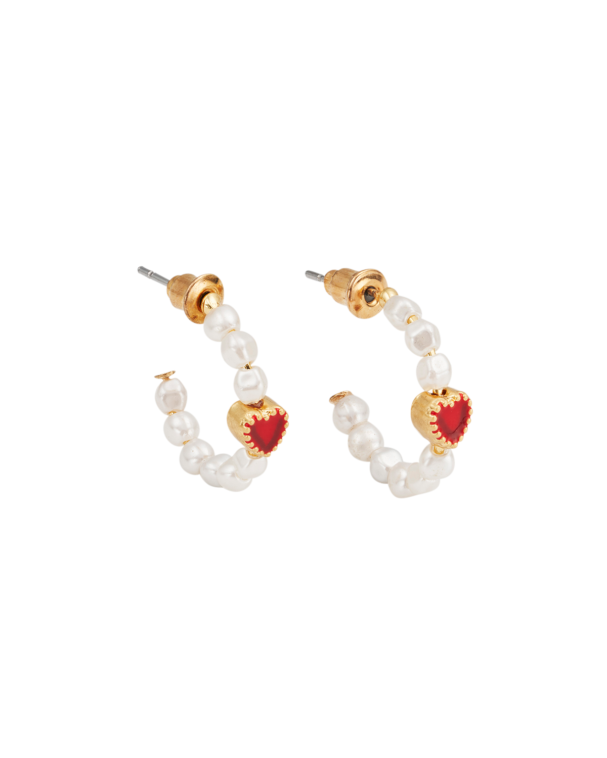 Pair of pearl hoop earrings with red heart charms on a white background
