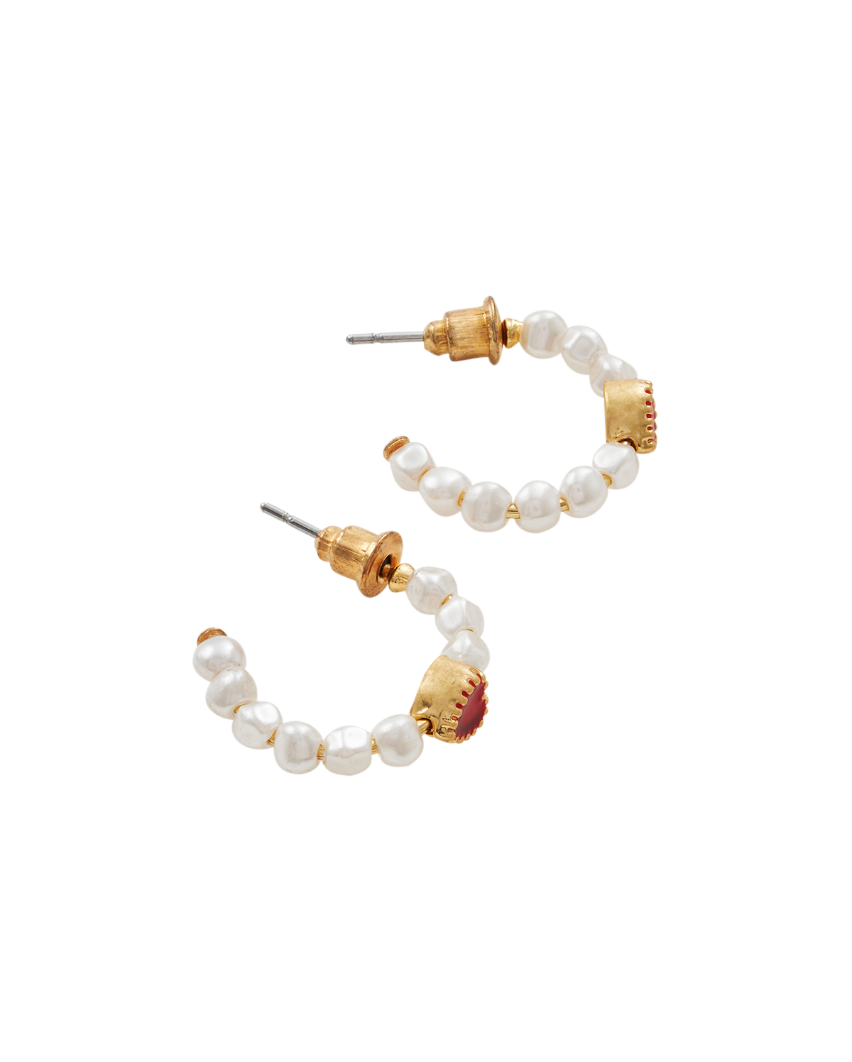 Pair of pearl hoop earrings with gold accents on a white background